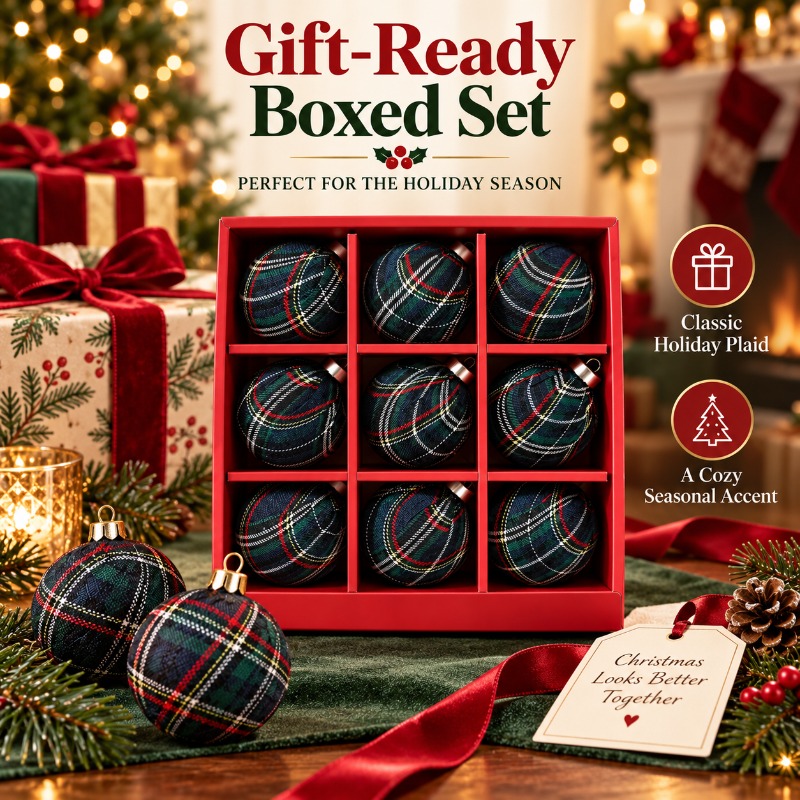 Gift Box Wrap Set - 9Pcs 8cm Fabric Wrapped Plaid Christmas